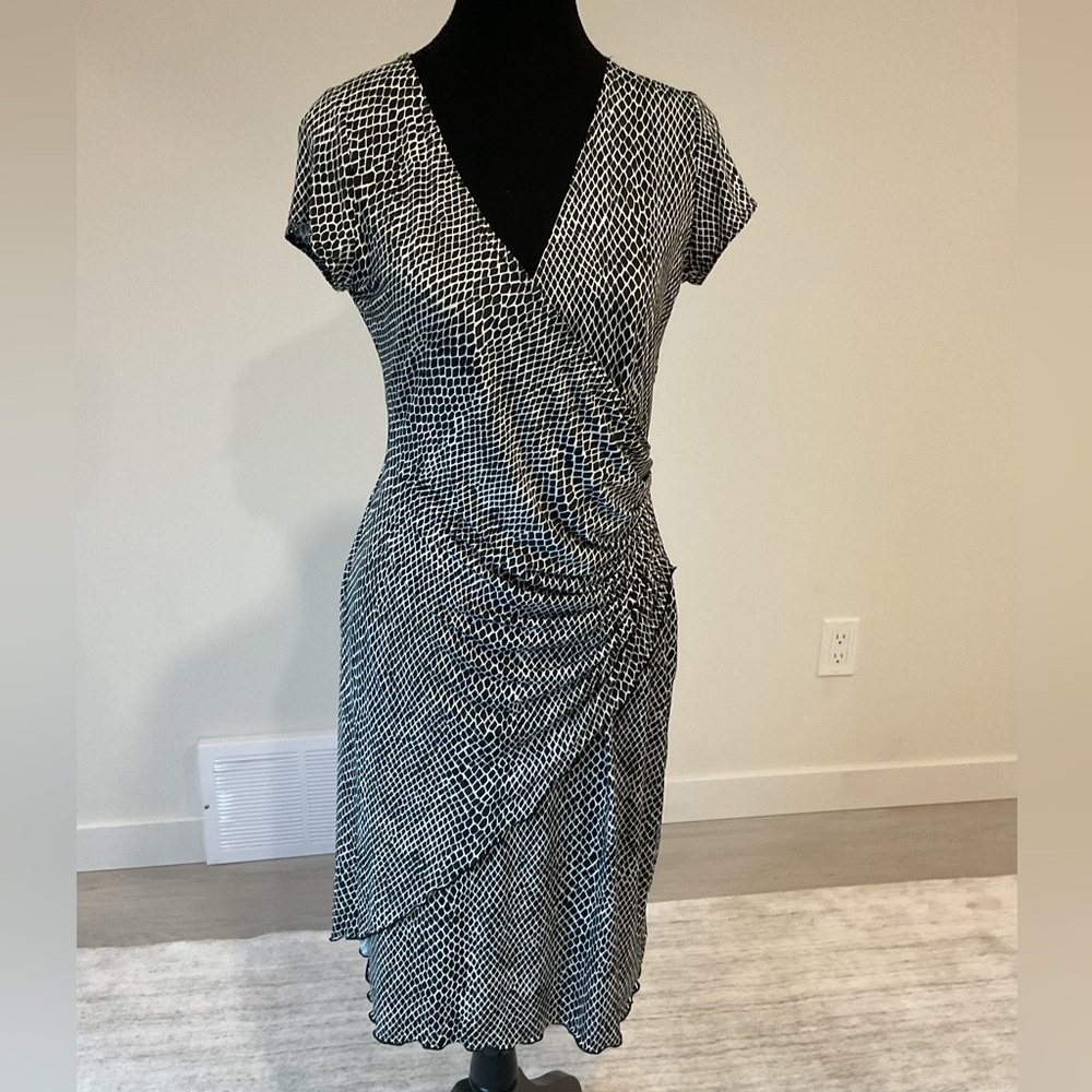 Joseph Ribkoff Black and White Faux wrap  Midi Bodycon Dress